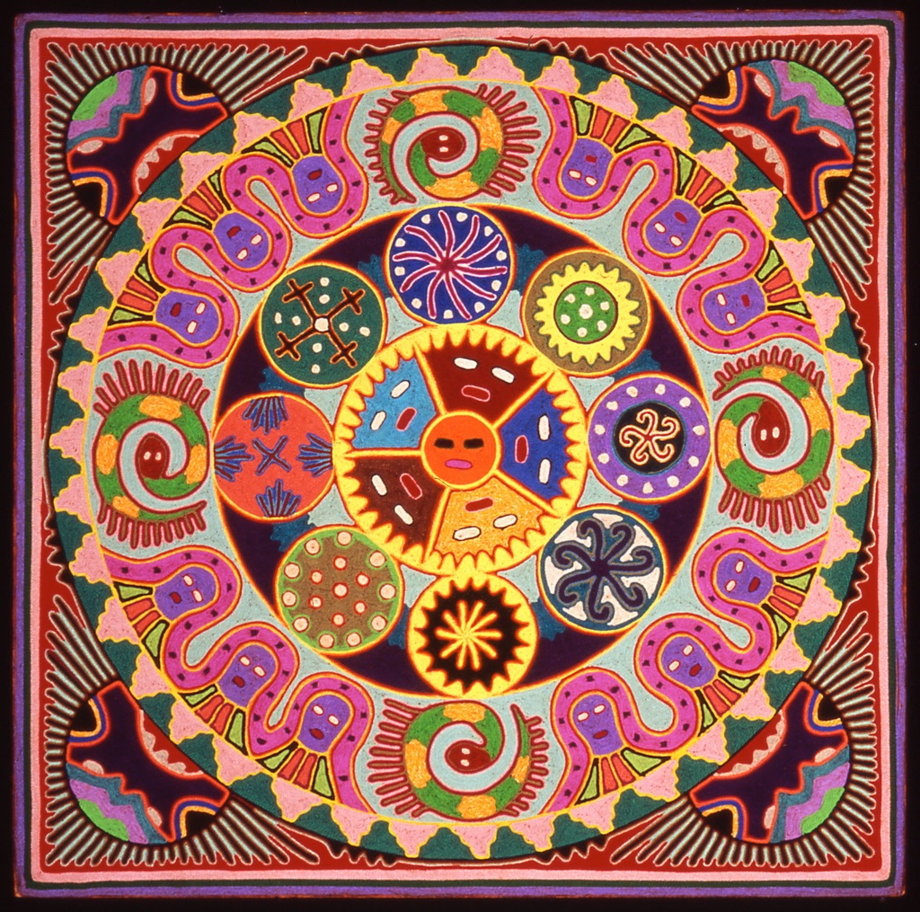 huichol-yarn-painting-2-faces | Carmel Visual Arts
